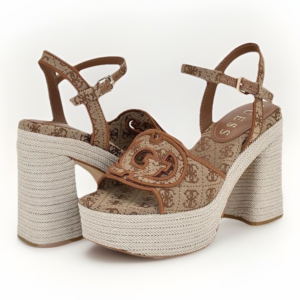 Guess Formaly Women's Size 11M Logo Platform Block Heel Sandals Medium Brown 210
